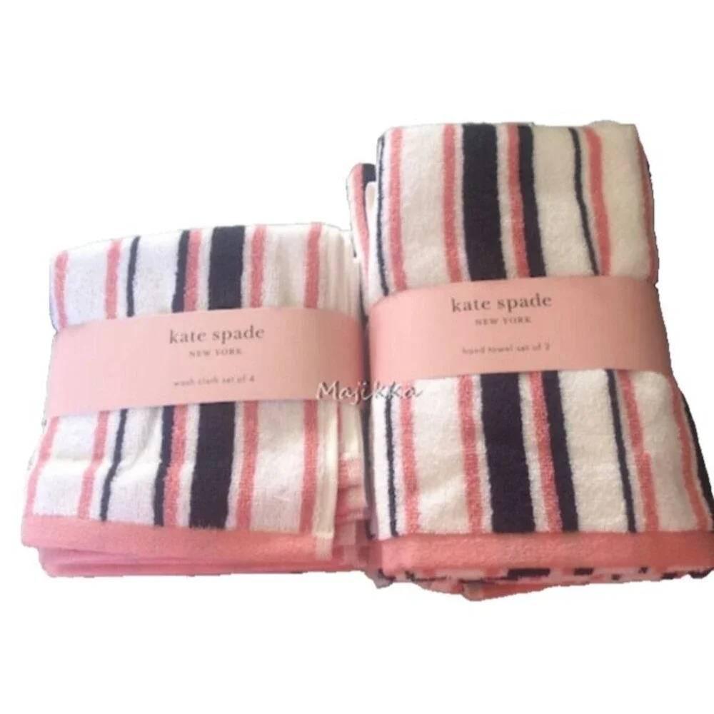 Kate Spade Set of 2 Hand Towels 4 Washcloths Facecloths Pink Navy White Stripe